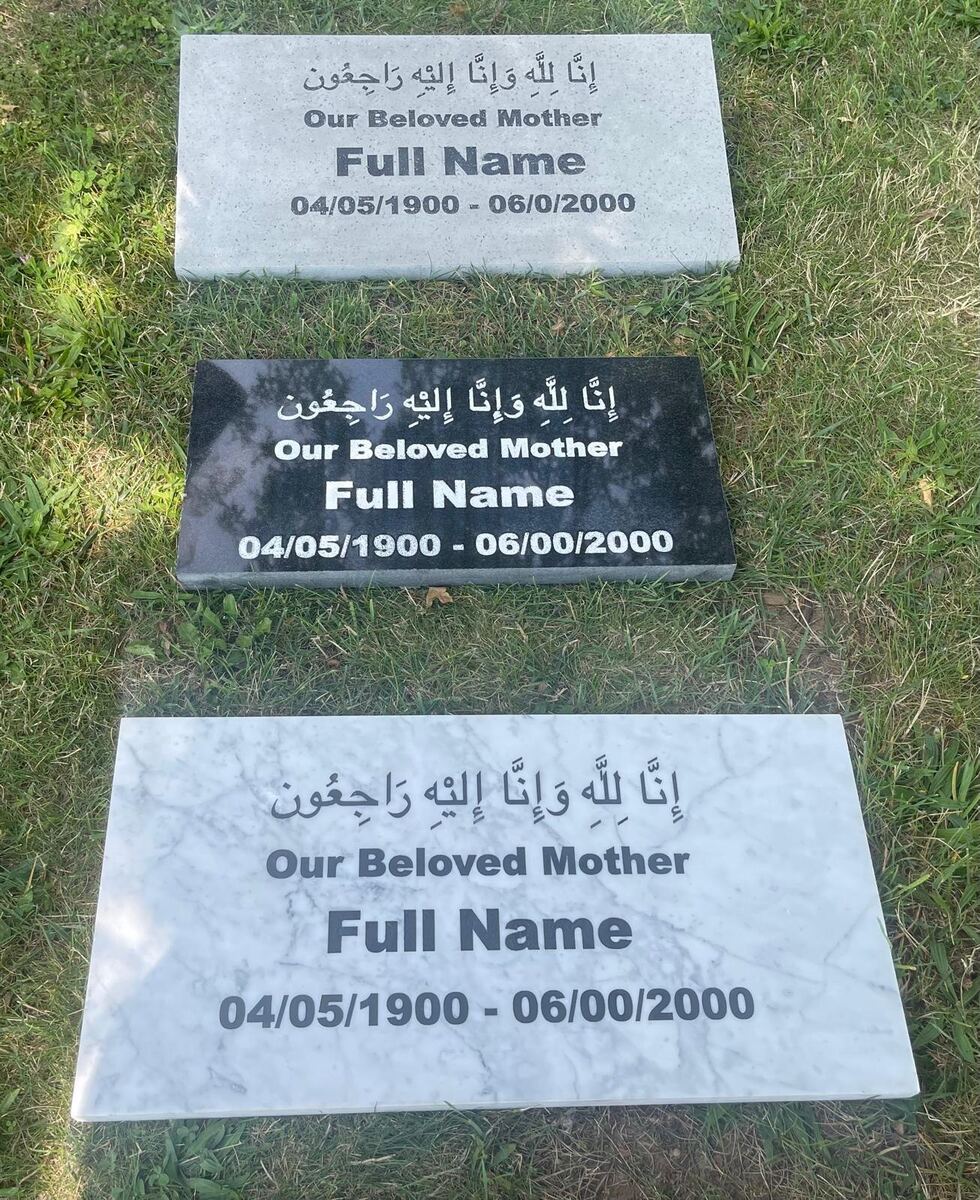 Three finished memorial samples side by side: white terrazzo, black granite, and white marble